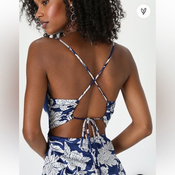 Lulus NWT Elevated Occasion Navy Satin Floral Cowl Tie-Back Dress Size XS - Picture 3 of 8